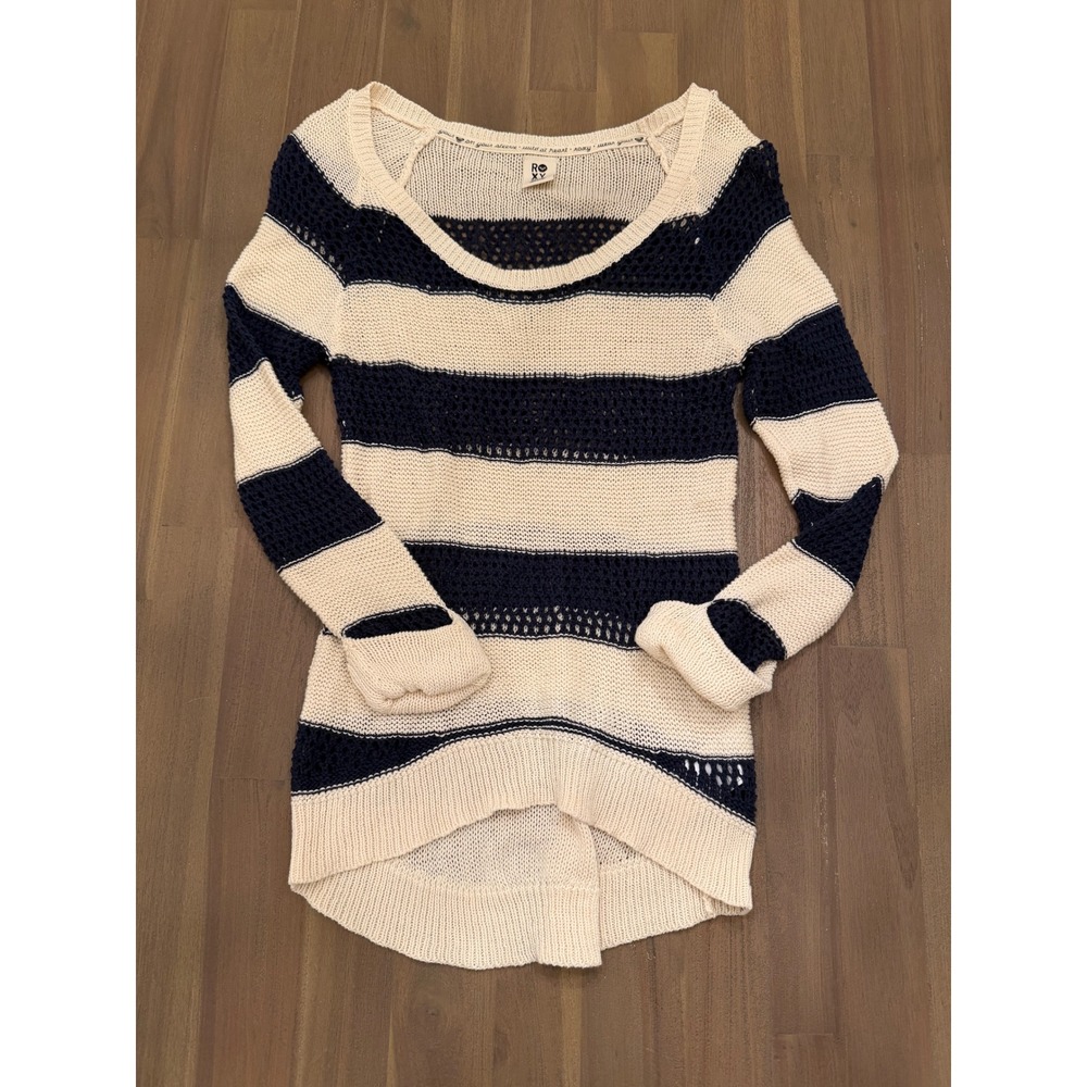 Roxy Women Navy Blue Cream Striped Open Knit High Low Sweater‎ Medium